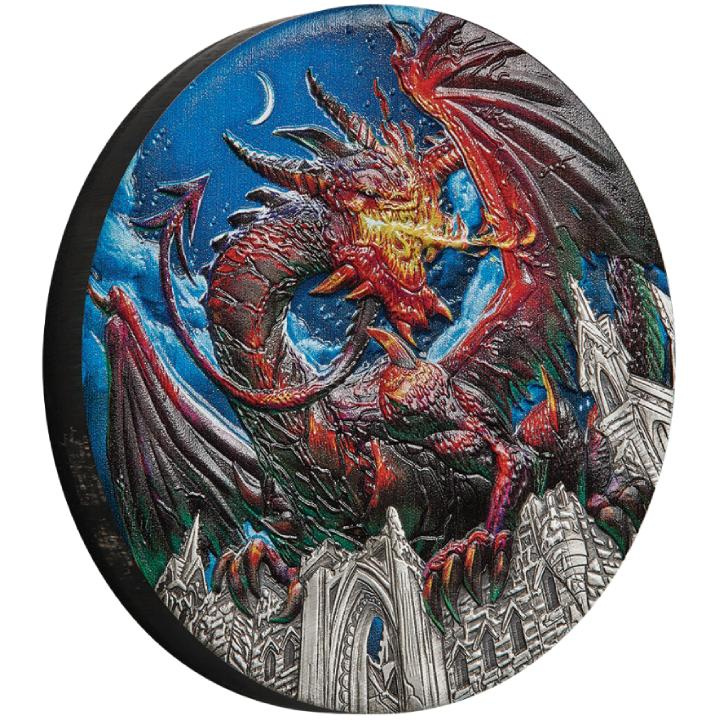 Tuvalu: Dragon coloured 5 oz Silver 2023 Antiqued Coin