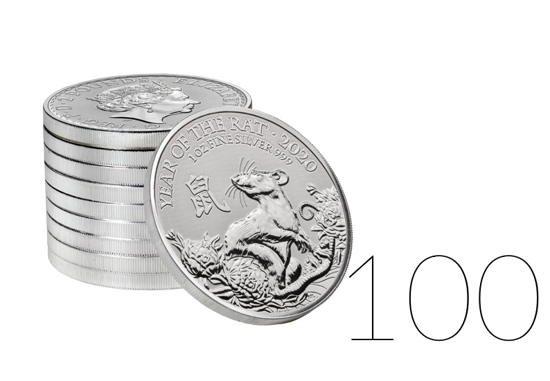 Jahr der Ratte 1 oz Silber British Royal Mint 100 Stück 2020