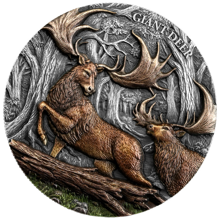 Silbermünze Germania Mint: Megafauna - Riesenhirsch koloriert 2 Unzen Silber 2026 Antiqued Ultra High Relief