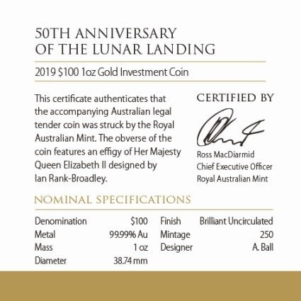 50° anniversario dello sbarco sulla Luna 1 oncia d'oro 2019