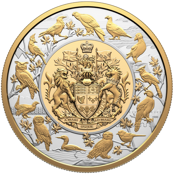 Canada: Paesaggio araldico: Uccelli del Canada placcato in oro $50 Argento 2024 Proof