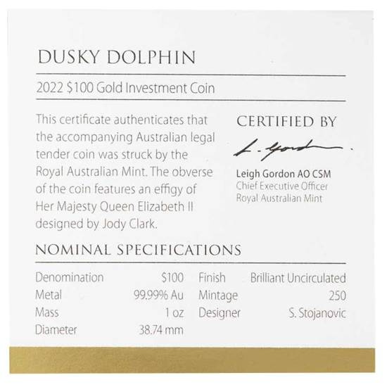 Dusky Dolphin 1 unce zlata 2022