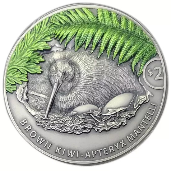 Kiwi colorat 2 oz argint 2021 Antique Finish