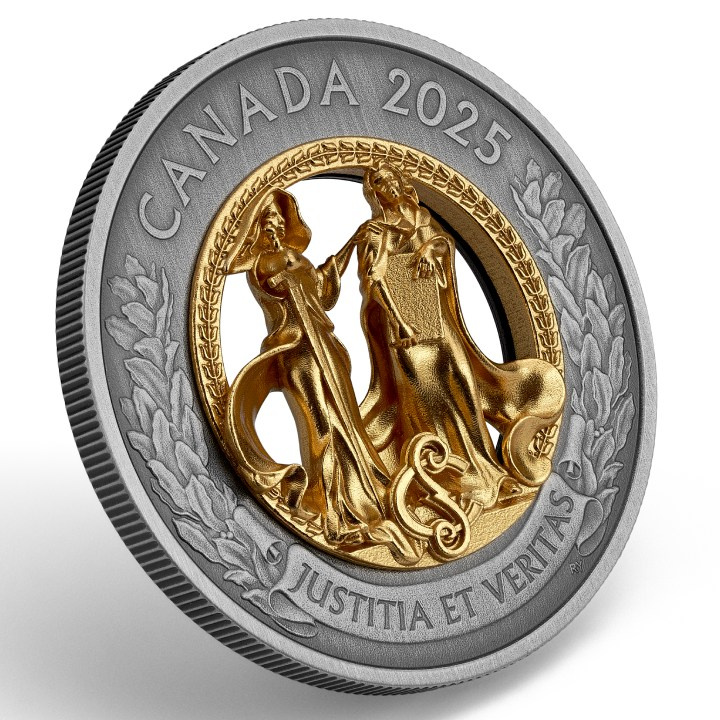 Canada: Allegories of Justice and Truth pozłacany $50 Srebro 2025 Antiqued Coin