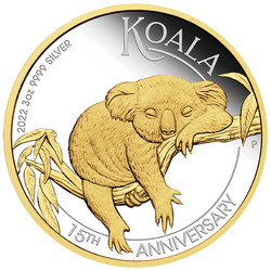 Koala pozłacana 15. rocznica 3 uncje Srebra 2022 Proof