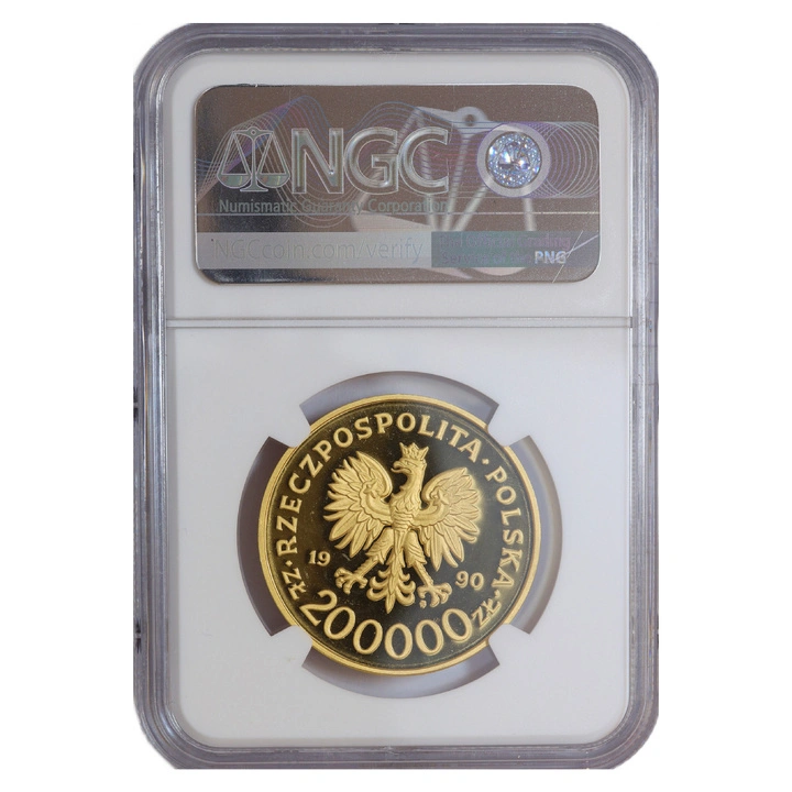 Złota Moneta Solidarność 1980-1990 1 uncja Złota 1990 Rzadka Wersja "Gruba" 32 mm Proof NGC PF69