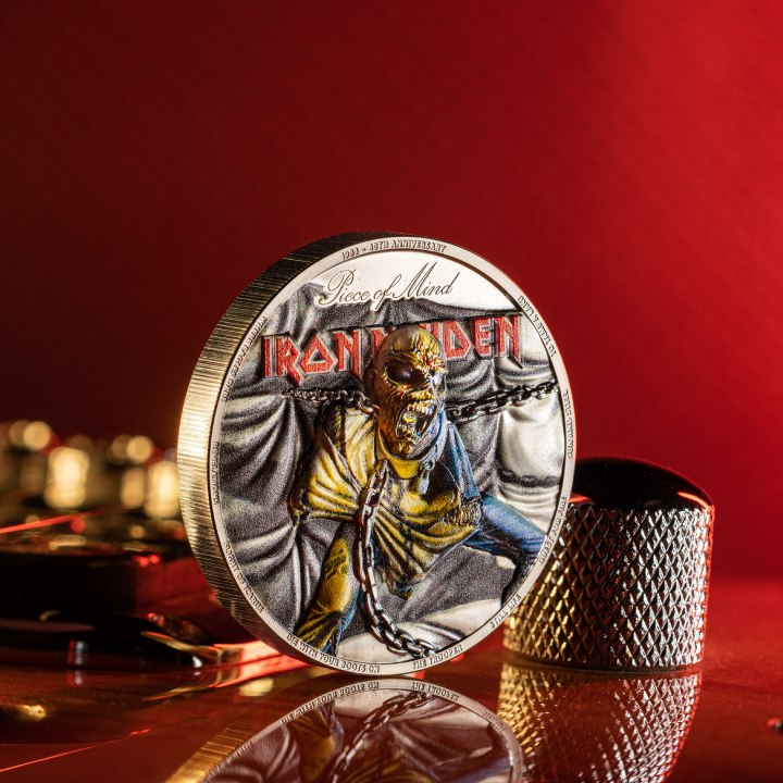 Isole Cook: Iron Maiden – Piece of Mind colorato 2 once d'argento 2023 Proof Ultra High Relief