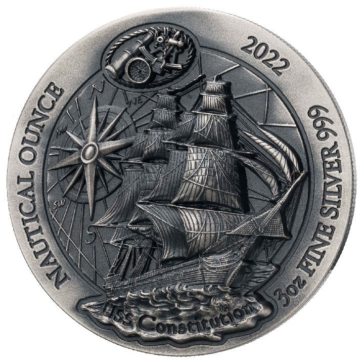 Rwanda: Nautical Ounce – USS Constitution 3 unce stříbra 2022 Antique Finish