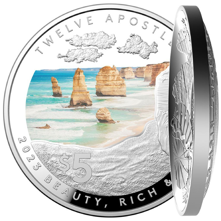 Beauty, Rich & Rare: Twelve Apostles kolorowany 1 uncja Srebra 2023 Proof Domed Coin