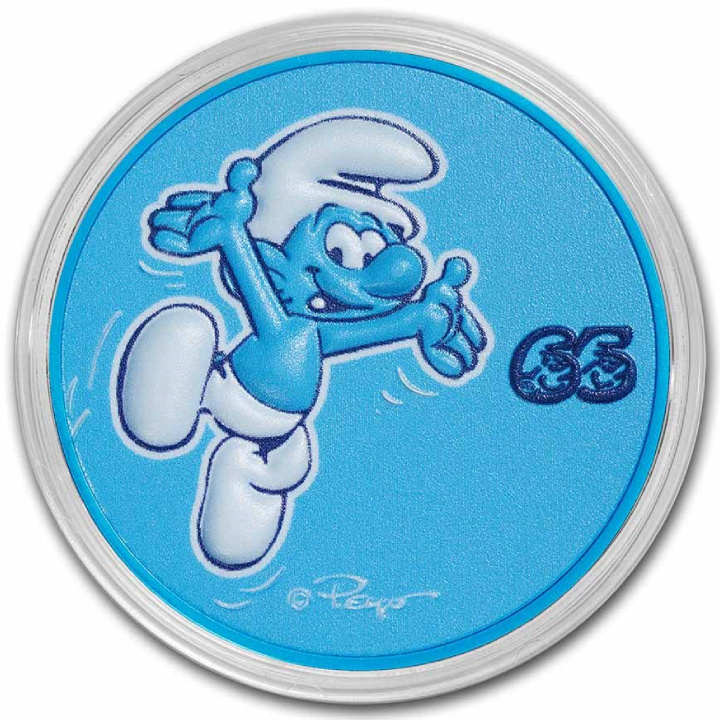 Niue: Los Pitufos - 65 Aniversario coloreado 2 oz Plata 2023 Proof Alto Relieve