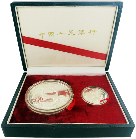 Chinese Panda Set 5 oz & 1 oz Silver 1987
