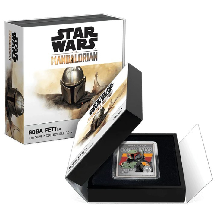 Niue: Star Wars The Mandalorian – Boba Fett kolorowany 1 uncja Srebra 2022 Antiqued Finish