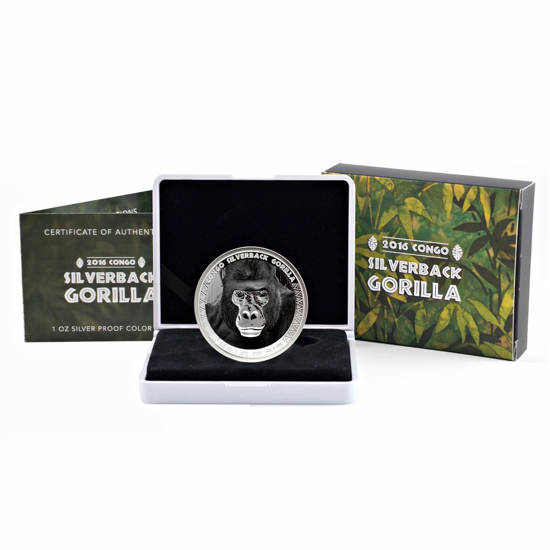 Congo: Goryl srebrnogrzbiety kolorowany 1 uncja Srebra 2016 Proof