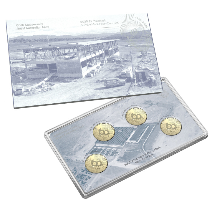 Zestaw 4 monet: 60th Anniversary of the Royal Australian Mint Brąz Aluminiowy 2025 Mintmark & Privy Mark