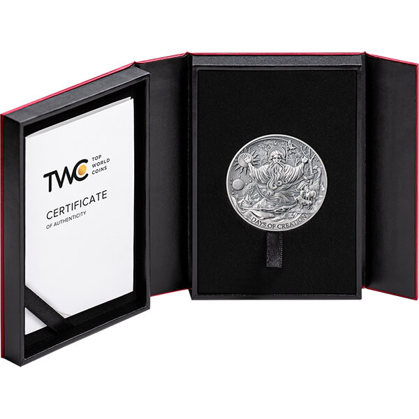 Kamerun: Bible Stories: Siedem Dni Stworzenia 2 uncje Srebra 2024 High Relief Antiqued Coin