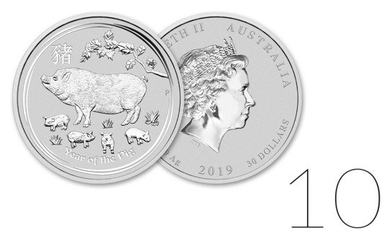 Lunar II: Rok Świni 1000 gramów Srebra 2019 PAKIET 10 SZTUK