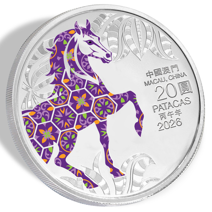 Macau: Lunar Horse kolorowany 1 uncji Srebra 2026 Proof