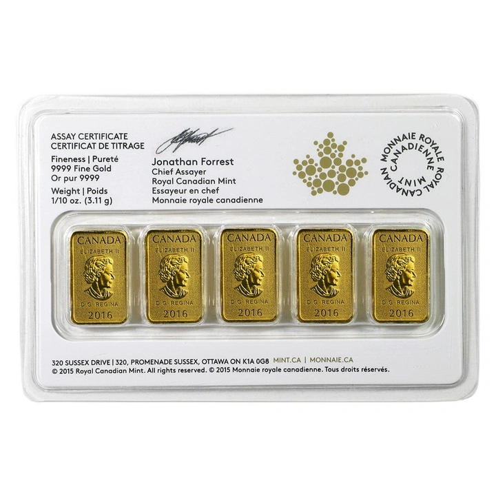 Sada zlatých mincí-slitků 5 × 1/10 unce zlata Royal Canadian Mint 2016
