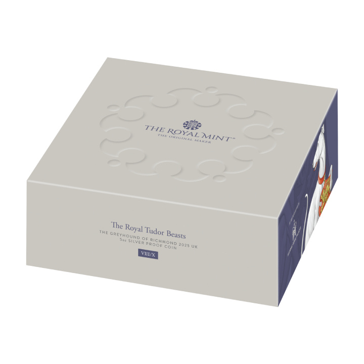 The Royal Tudor Beasts: Il levriero di Richmond 5 once d'argento 2025 Proof