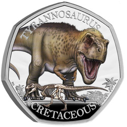 Dinoszauruszok: ikonikus példányok – Tyrannosaurus Rex színes 50 penny ezüst 2024 Proof