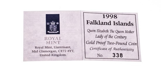 Islas Malvinas Reina Madre 2 Libras 1998 Proof