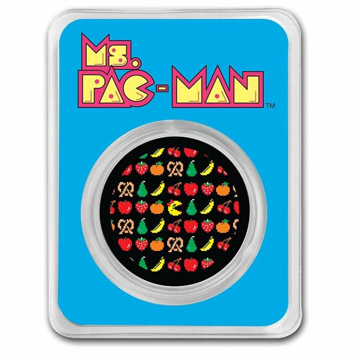 Ms.PAC-MAN Pixel Pattern barevná 1 unce stříbra Slab