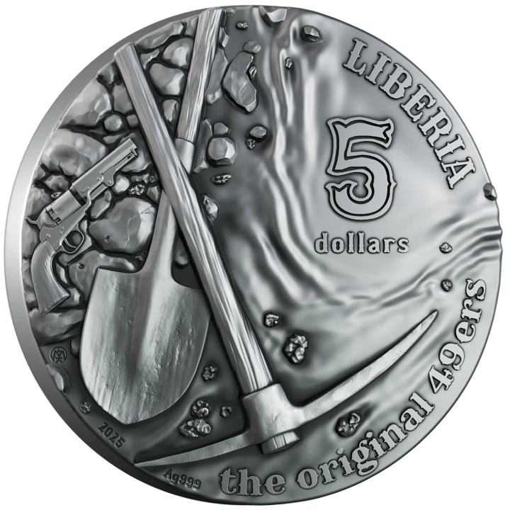 Liberia: California Gold Rush $5 Silver 2025 Gilded High Relief Antiqued Coin
