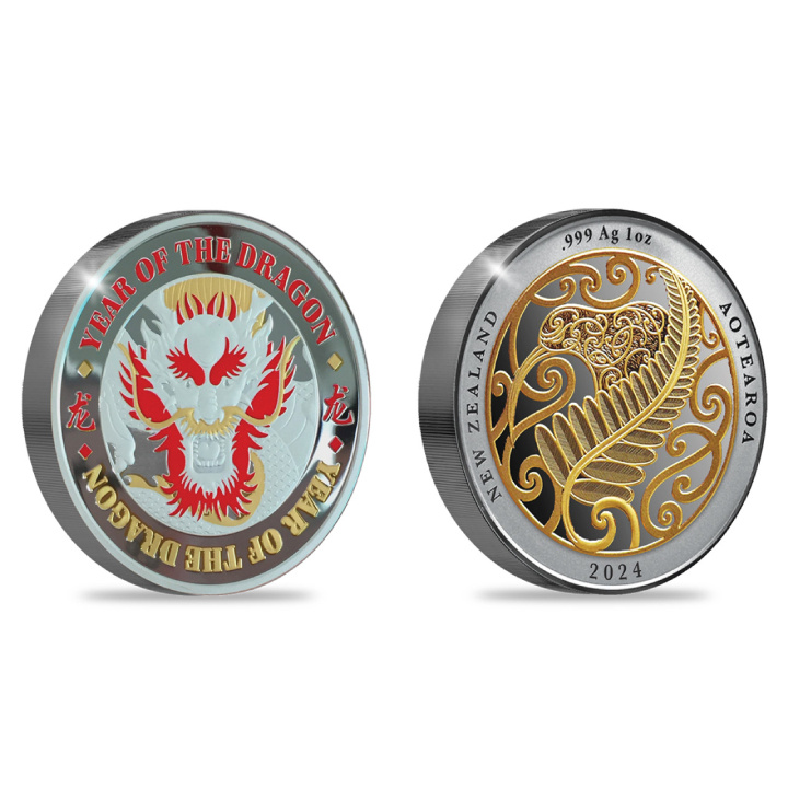 New Zealand: Year of the Dragon kolorowany, pozłacany 1 uncja Srebra 2024 Proof Medallion