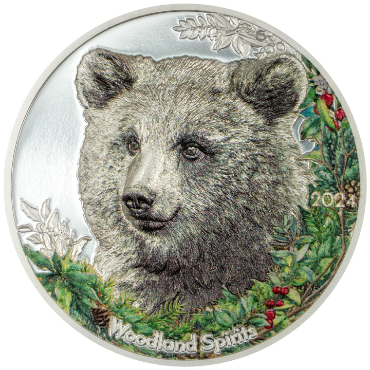 Mongolia: Woodland Spirits - Bear coloured 1 oz Silver 2024 Proof