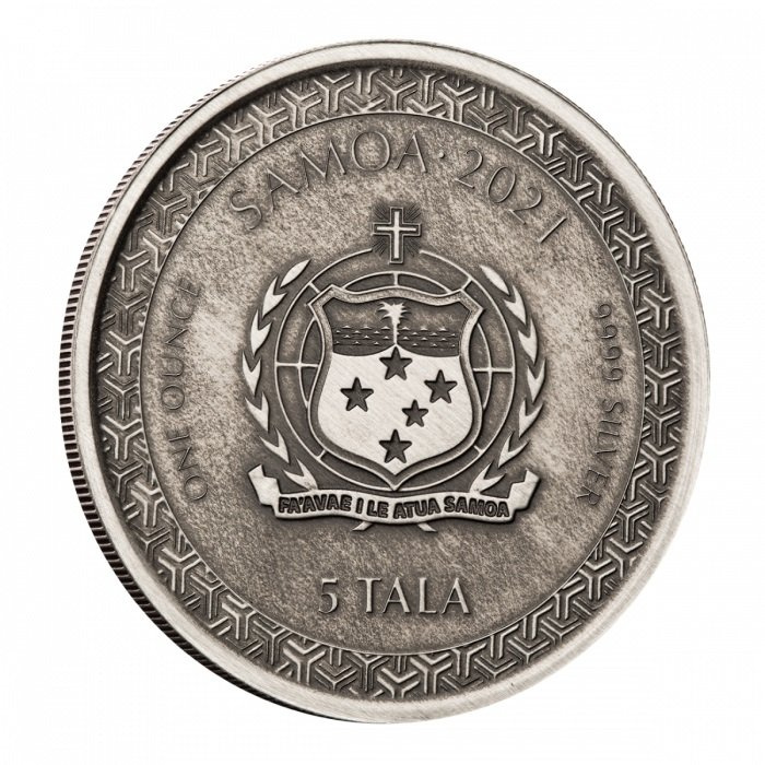 Samoa: Legends of Japan Series – Momotaro na ostrově démonů ve stylu ukiyo-e 1 unce stříbra 2021 Antiqued Coin