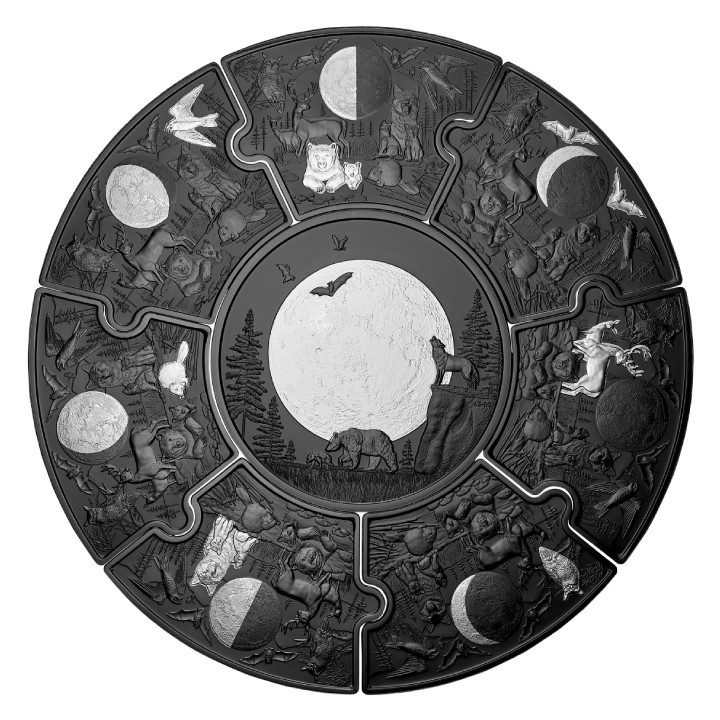 Set Canada: Moon Phases 8 monete d'argento puzzle 2025 Black Rhodium Reverse Proof