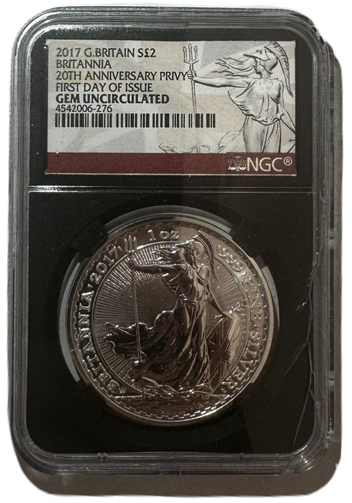 Britannia 1 uncja Srebra 2017 20th Anniversary Privy NGC Gem Uncirculated First Day of Issue USZKODZONY SLAB