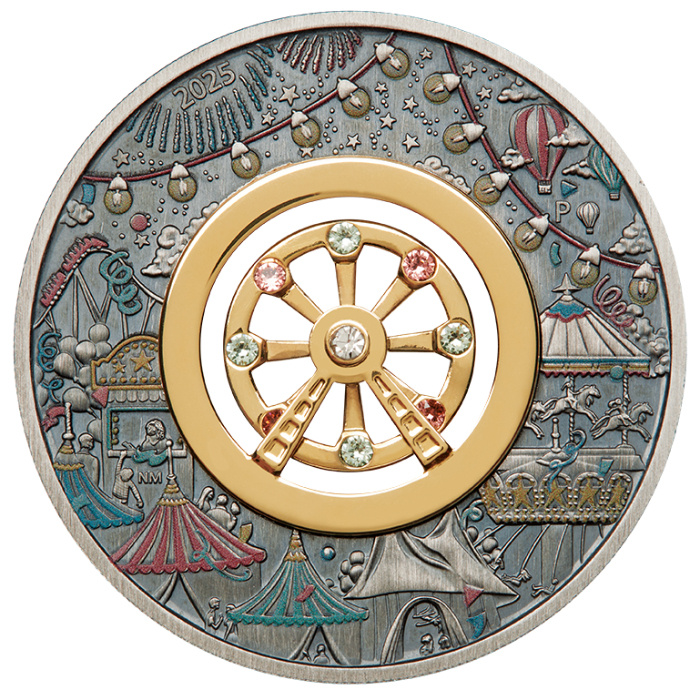 Tuvalu: Ferris Wheel kolorowany 2 uncje Srebra 2025 Antiqued Coin 