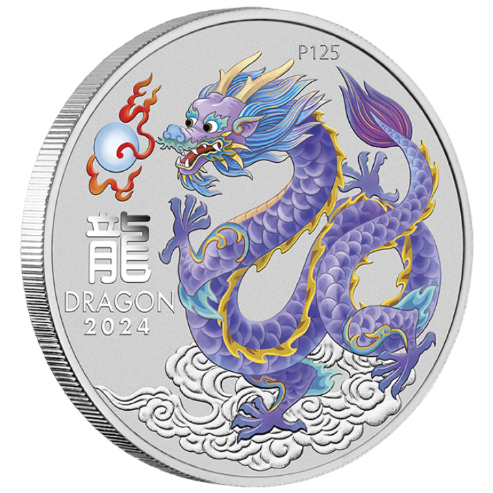 Perth Mint: Lunar III - Jahr des Drachen "Lilac Dragon" farbig 1 oz Silber 2024