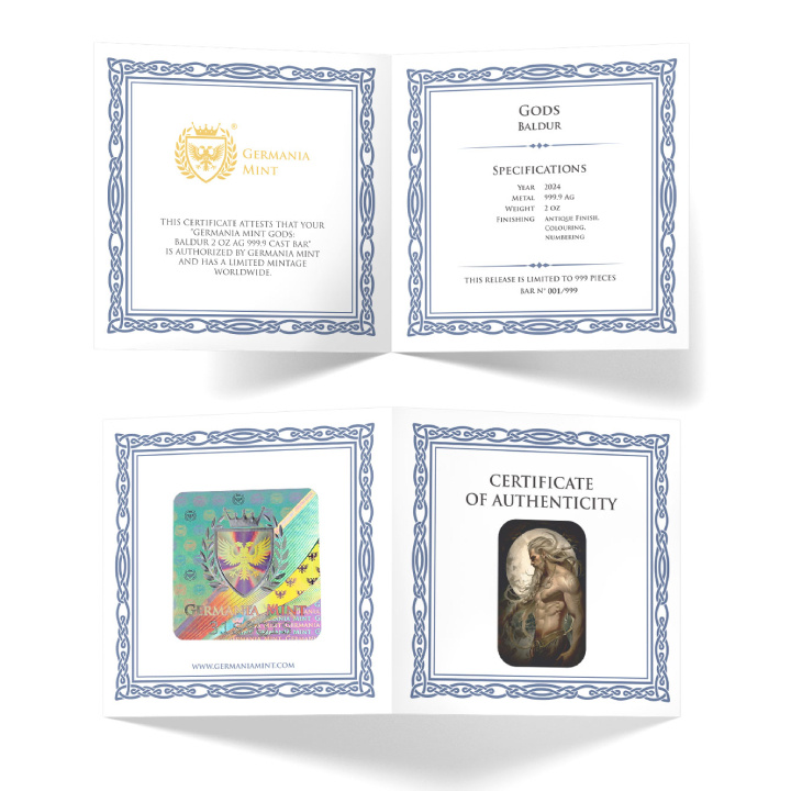 Lingotto Germania Mint: Dei - Baldur colorato 2 once d'argento 2024 Finitura anticata