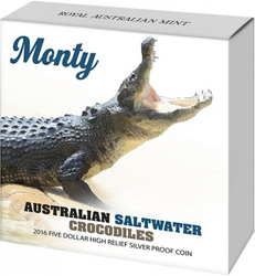 Australische Salzwasser Krokodile: Monty 1 oz Silber 2016 PROOF High Relief