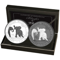 Lot de 2 pièces African Wildlife : Éléphant de Somalie « Black & White » coloré 2 x 1 once d'argent 2024