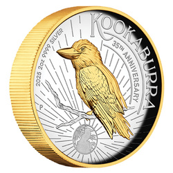 Kookaburra aranyozott 2 uncia ezüst 2025 Proof magas domborzat aranyozott érme