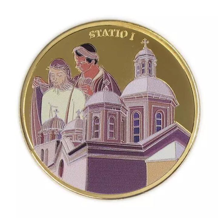 Set 14 monede Via Dolorosa colorată aurită Bronz 2016 Prooflike