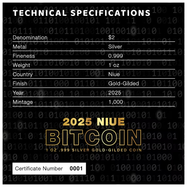 Niue: Bitcoin 1 onza Plata 2025 Moneda dorada