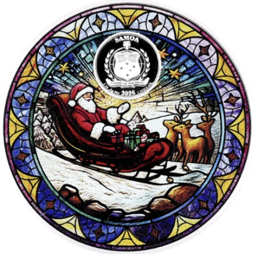 Samoa: Vetrata di Natale, colorata, 1 oncia d’argento, 2025, Proof.