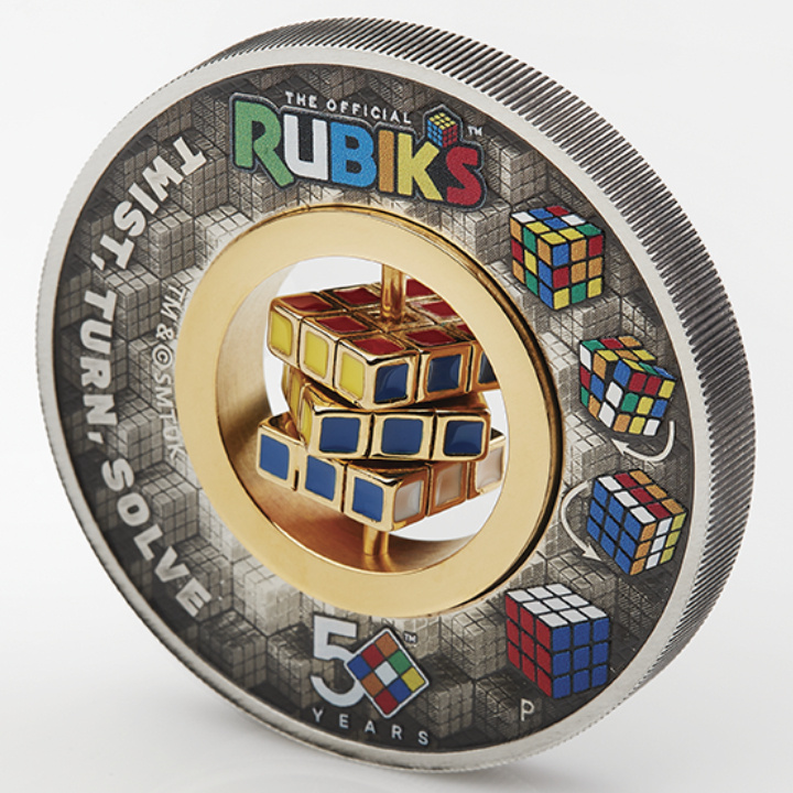 Tuvalu: Kostka Rubika 50. rocznica kolorowany, pozłacany 2 uncje Srebra 2024 Antiqued Coin