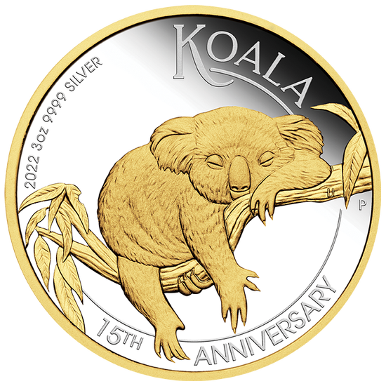 Koala aranyozott 15. évforduló 3 uncia ezüst 2022 Proof