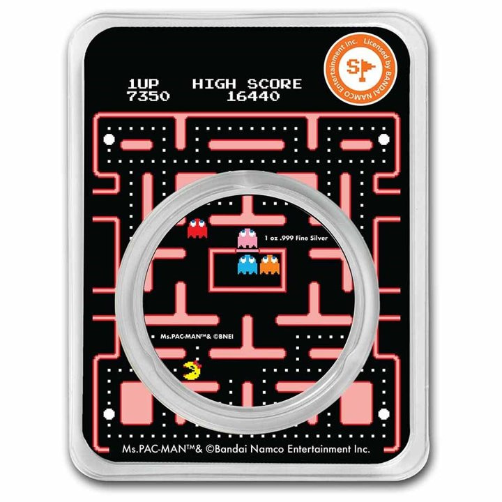 Ms.PAC-MAN Dual Mazes coloured 1 oz Silber Slab