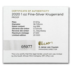 Krugerrand 1 unce stříbra 2020 Proof