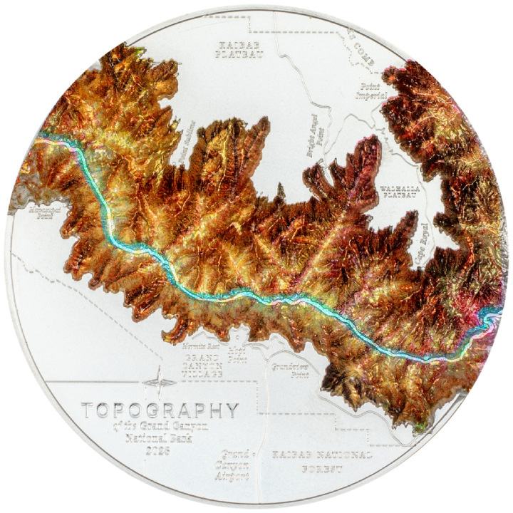 Isole Cook: Topografia - Grand Canyon colorato 5 once d'argento 2023 Proof Ultra High Relief