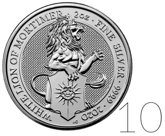 Les bêtes de la reine : Lion blanc des Mortimer 2 onces d'argent LOT DE 10 PIÈCES 2020