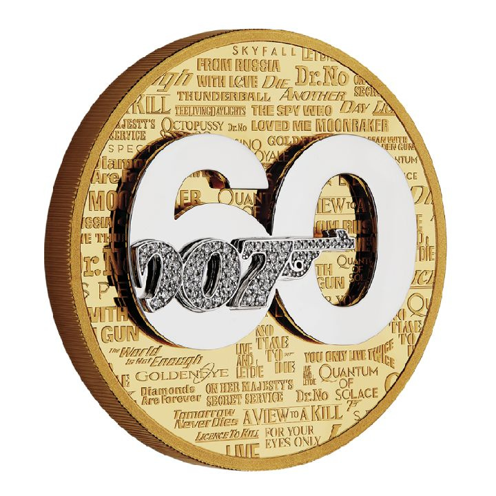 Tuvalu: James Bond 60° anniversario del film 5 once d'oro 2022 Proof Pavé - Set Diamond