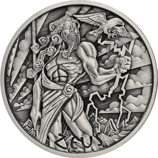Tuvalu: Bogowie Olimpu - Zeus 5 uncji Srebra 2021 Antique Finish