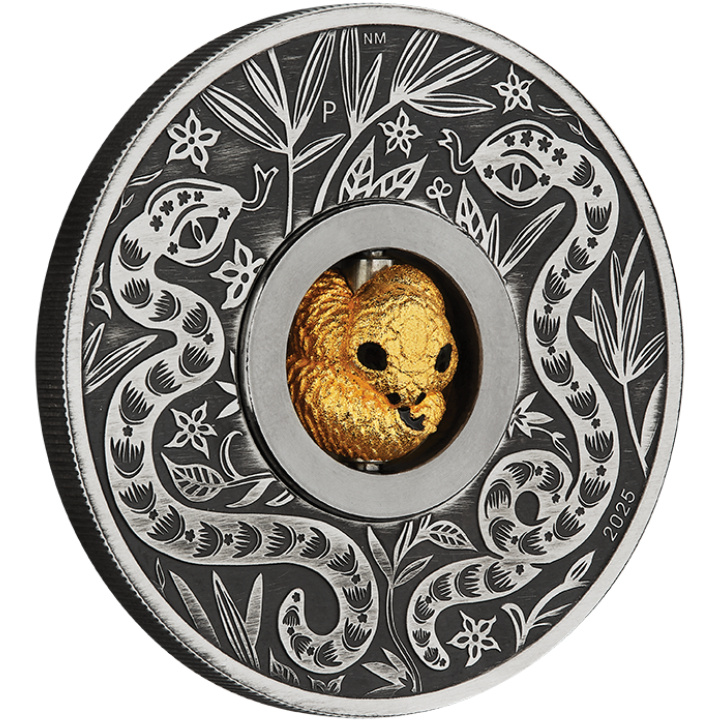 Tuvalu: Lunar III - Rok węża 1 uncja Srebra 2025 Rotating Charm Antiqued Coin